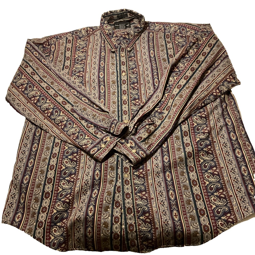 Preswick & Moore Mens Large Paisley Stripe Button Down Shirt Cotton Long Sleeve